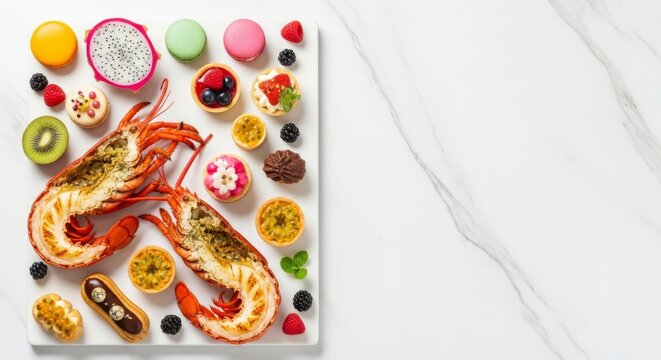 Opulent gourmet banquet featuring lobster tails, delicate pastries, and fresh exotic fruits arranged artistically on a white marble surface, luxury, culinary, dinner