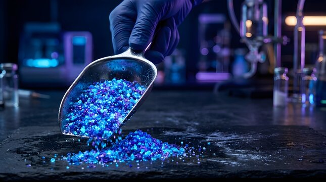 Scientist pouring blue chemical crystals in a laboratory for research