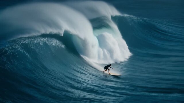 Breathtaking ocean waves with a solitary surfer riding towering swell in an epic surfing adventure