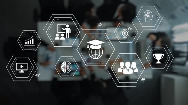 Modern education and technology concepts visualized with icons suitable for learning, career growth, teamwork, and digital transformation in classroom settings Gluon.