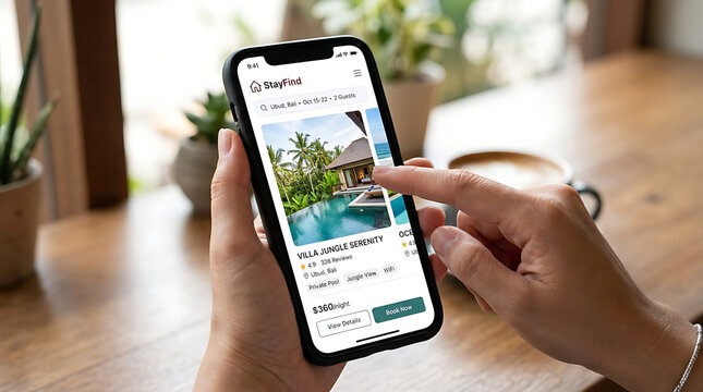 Person booking luxury villa vacation online using mobile app for year end travel and holiday season planning