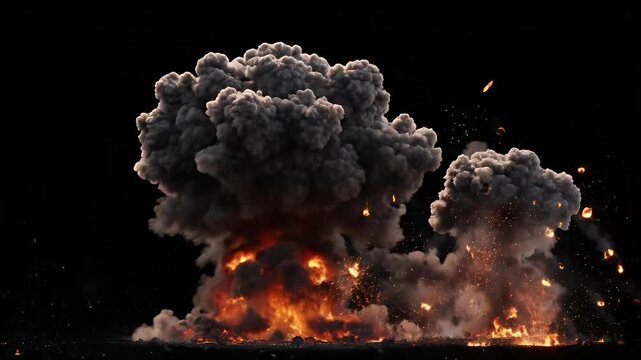 Large powerful explosion with fire, smoke, and debris, dramatic cinematic footage, danger and destruction