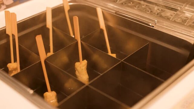 Korean Fish Cake Skewers Simmering in Hot Broth at Street Stall