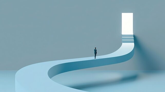 Minimalist architectural digital illustration, tiny lone male figure walking along winding curved light blue elevated bridge path leading right, three steps to bright glowing white rectangular doorway