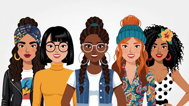 Diverse group of women diverse styles, multicultural, friendship, unity, pixel art, illustration, flat design, vector