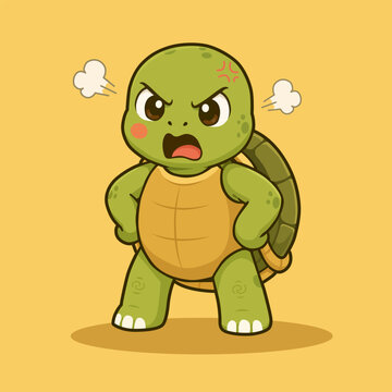 Cute angry cartoon turtle character standing with hands on hips blowing steam, vector illustration.