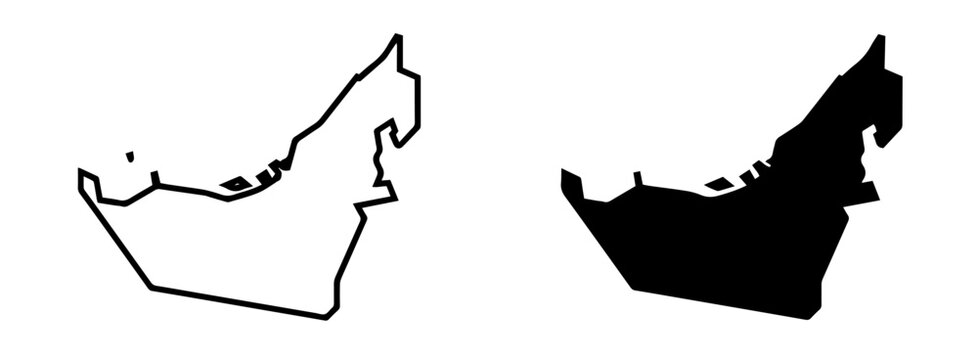 United Arab Emirates map outline and solid silhouette vector icon set