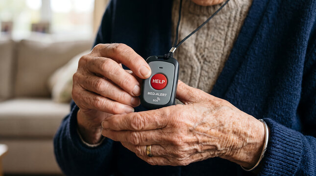 Close up of senior elderly woman hands holding medical alert emergency call button pendant med alert sos device for personal safety health monitoring and assistance at home