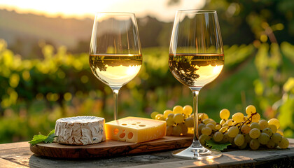 Obraz premium Two elegant glasses of white wine paired with gourmet cheese and fresh grapes on a wooden board overlooking a sunlit vineyard at sunset