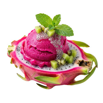 Dragon fruit sorbet in pitaya bowl. Refreshing tropical fruit ice cream with kiwi garnish.