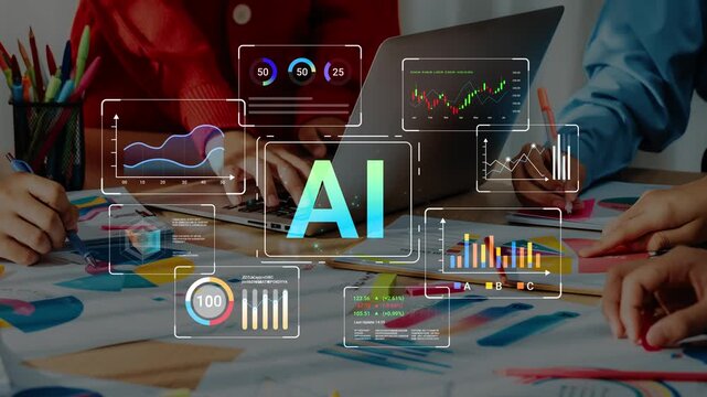 Hands on a Table Surrounded by Colorful Graphs and Charts with AI Data Analysis and Digital Visuals Representing Technology and Business Intelligence Gluon.