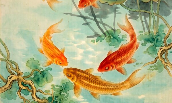 Traditional Chinese boneless painting of golden koi carp swimming among lotus roots underwater, no contour lines, fish bodies painted in luminous saffron orange and red-gold color washes.