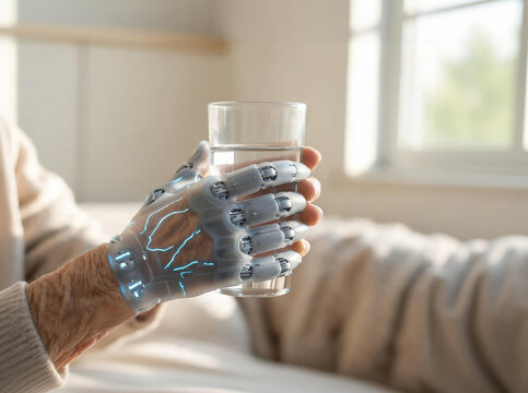 Close up of senior individual holding glass of water with futuristic bionic exoskeleton glove for rehabilitation and assistance