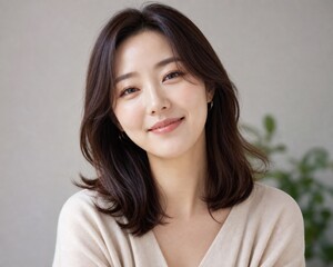 Fototapeta premium Portrait of friendly young Asian woman in her thirties smiling and looking at camera, headshot of one Korean person, generative AI