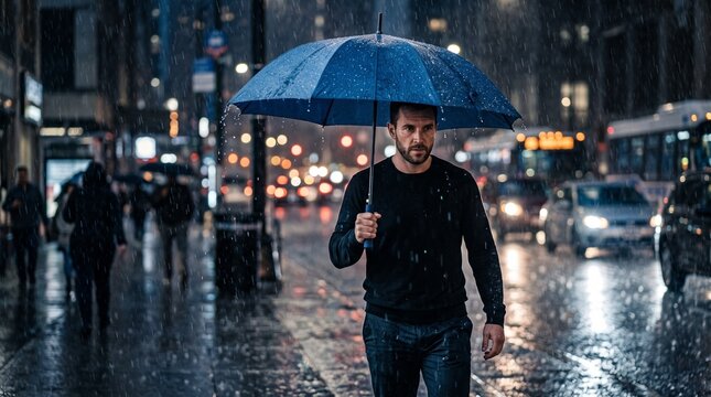 Commercial urban mood photography of a man walking through a heavy downpour under a wet blue umbrella on a rainy city street &ndash; insurance protection branding, weather news stock photo, urban commuter c