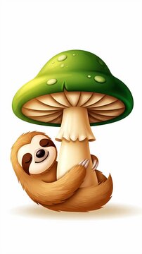 Cute cartoon sloth hanging from a green mushroom, forest animal concept, illustration for kids
