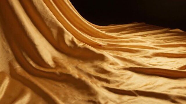 Close-up Abstract View of Golden Fabric Ripples and Folds with Dramatic Lighting and Shadows