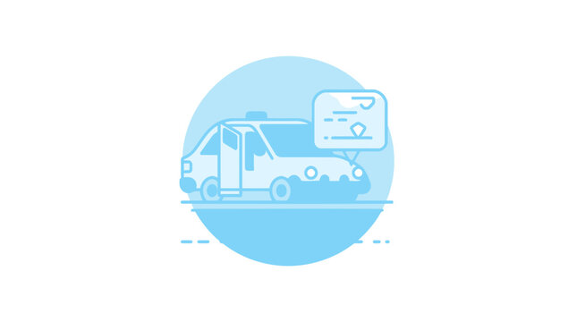 Blue van icon with communication thought bubble.