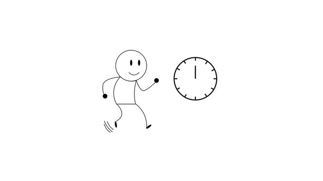 An animated cartoon icon depicting a figure standing in front of a clock  set against a green background.