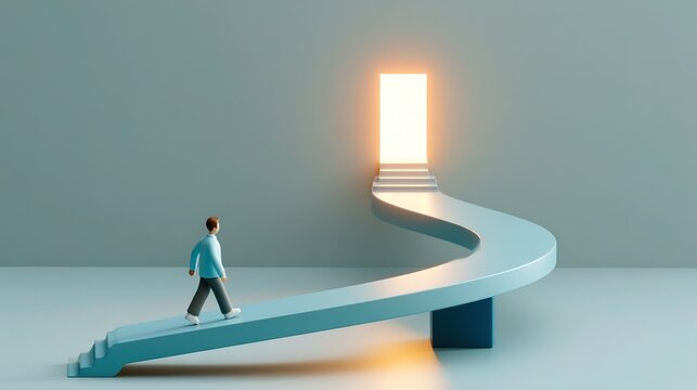 Minimalist architectural digital illustration, tiny lone male figure walking along winding curved light blue elevated bridge path leading right, three steps to bright glowing white rectangular doorway