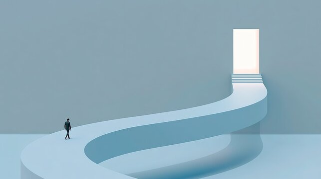 Minimalist architectural digital illustration, tiny lone male figure walking along winding curved light blue elevated bridge path leading right, three steps to bright glowing white rectangular doorway