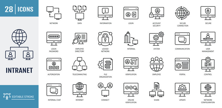 Intranet icon set. including network, portal, access, internal, team, connect, collaborate, communication, and more. outline icon set. vector illustration with editable stroke