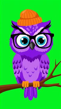 purple cartoon owl wearing glasses and orange beanie sitting on tree branch, animated loop, funny character
