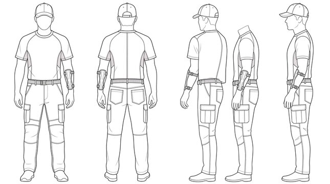 Technical Apparel Design Reference Sheet Front, Back, Side, and Profile Views of a Detailed Garment