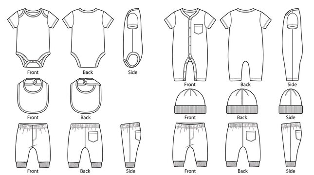 Baby clothing technical fashion sketch set with bodysuit romper bib beanie and pants in front back and side views