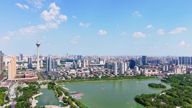Aerial view of Tianjin Water Park and the Tianjin Radio and Television Tower in Tianjin, China