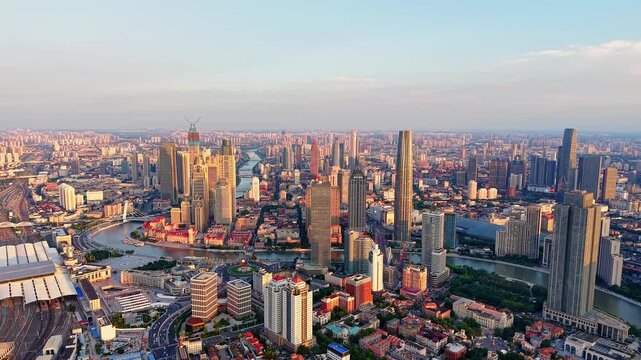 Aerial view of the city skyline of the Jinwan Plaza CBD in Tianjin, China