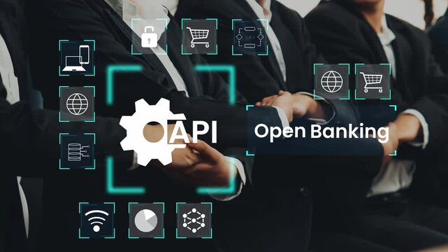 Professional Business Team Discussing API Development and Open Banking Concepts with Technology Icons and Data Graphics in a Modern Office Setting Gluon.