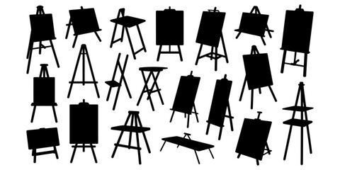 Set of black silhouettes of wooden art easels and painting stands for canvas displays isolated on a white background for creative design and art projects Vector, illustration © Raj Creator