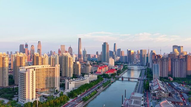 Aerial view of the skyline of the Austrian-style district near Jintang Bridge on the Haihe River in Tianjin, China