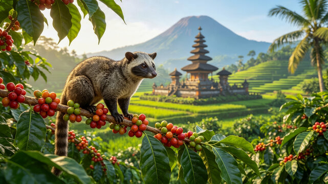 An Asian palm civet perched on a coffee tree branch with ripe red coffee cherries, featuring a traditional Balinese temple, rice terraces, and a volcano in the background for Kopi Luwak Bali concept.