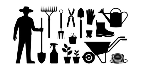 Black silhouette set of garden tools and a farmer with shovel rake wheelbarrow watering can and plants isolated on a clean plain white background graphic Vector, illustration © Raj Creator