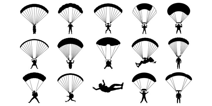 Black silhouette icons of skydivers with parachutes in various poses for extreme sports and adventure travel design elements isolated on white background Vector, illustration