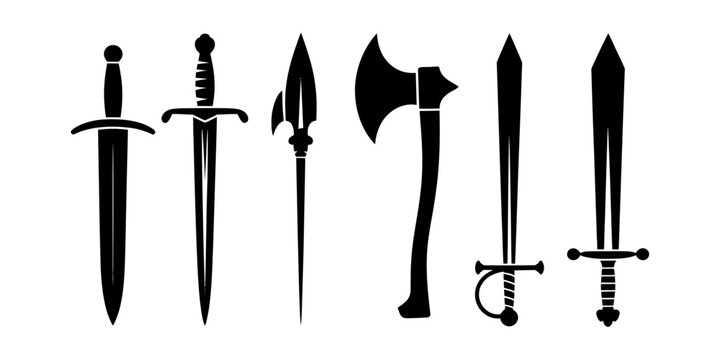 Set of black silhouette ancient medieval weapons including swords daggers spears and an axe displayed for a historical game design collection isolated Vector, illustration
