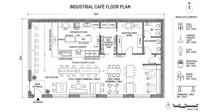 Industrial cafe floor plan vector, architectural blueprint of restaurant layout with modular furniture, professional coffee shop interior design