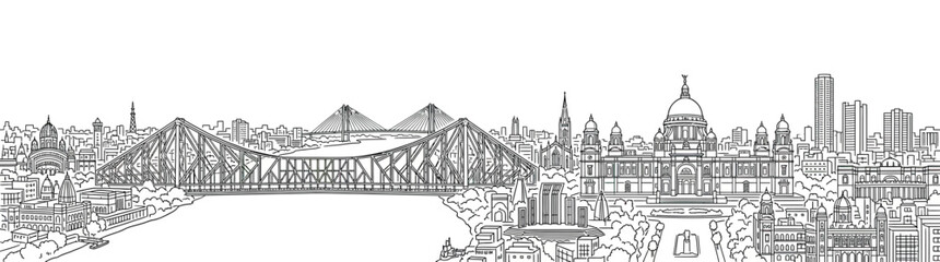 Obraz premium Hand-Drawn City Skyline with Bridge and Dome Building