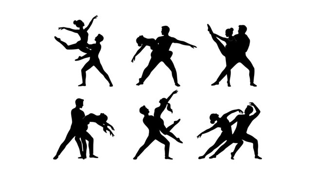 Silhouette illustrations of people dancing and fighting in pairs isolated on transparent background, Vector