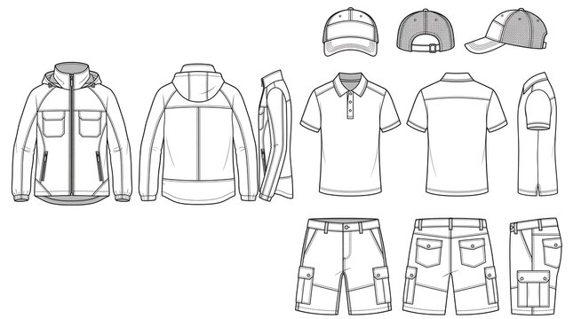 Technical Outdoor Apparel Collection Flat Sketches Featuring Lightweight Jacket Polo Shirt Cargo Shorts and Baseball Cap Technical Design Templates