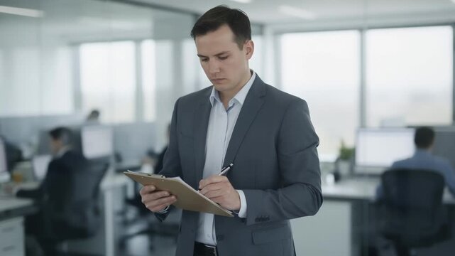 Surprise inspection scene with auditor holding checklist focused on detailed procedures as surrounding office activity remains softly blurred.