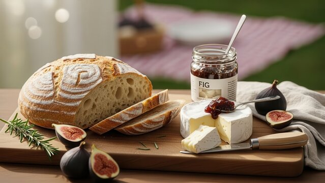 Freshly baked sourdough bread with cheese and fig jam on a picnic setting