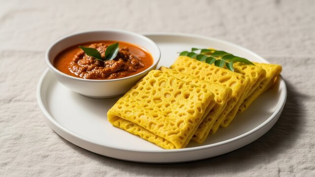 Stack of Yellow Roti Jala with Savory Curry Sauce on Plate