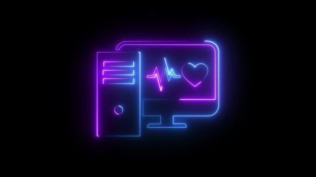 Neon computer health monitor with pulsing heartbeat animation