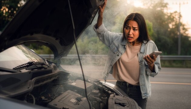 Confused driver looking at smoking car engine under open hood.