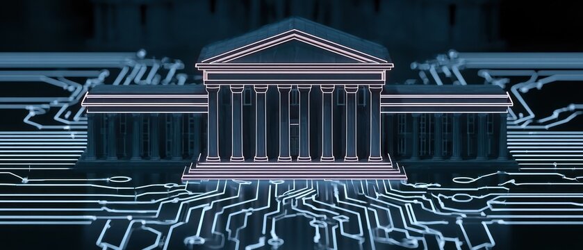 Digital courthouse with futuristic circuit board pattern