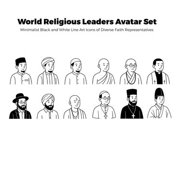 World Religious Leaders Avatar Set - Minimalist Black and White Line Art Icons of Diverse Faith Representatives