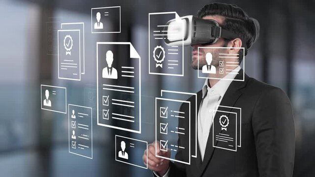 Business Professional Engaged in Virtual Reality Experience with Floating Digital Resumes and Documents in a Modern Workspace Environment. Entropy.